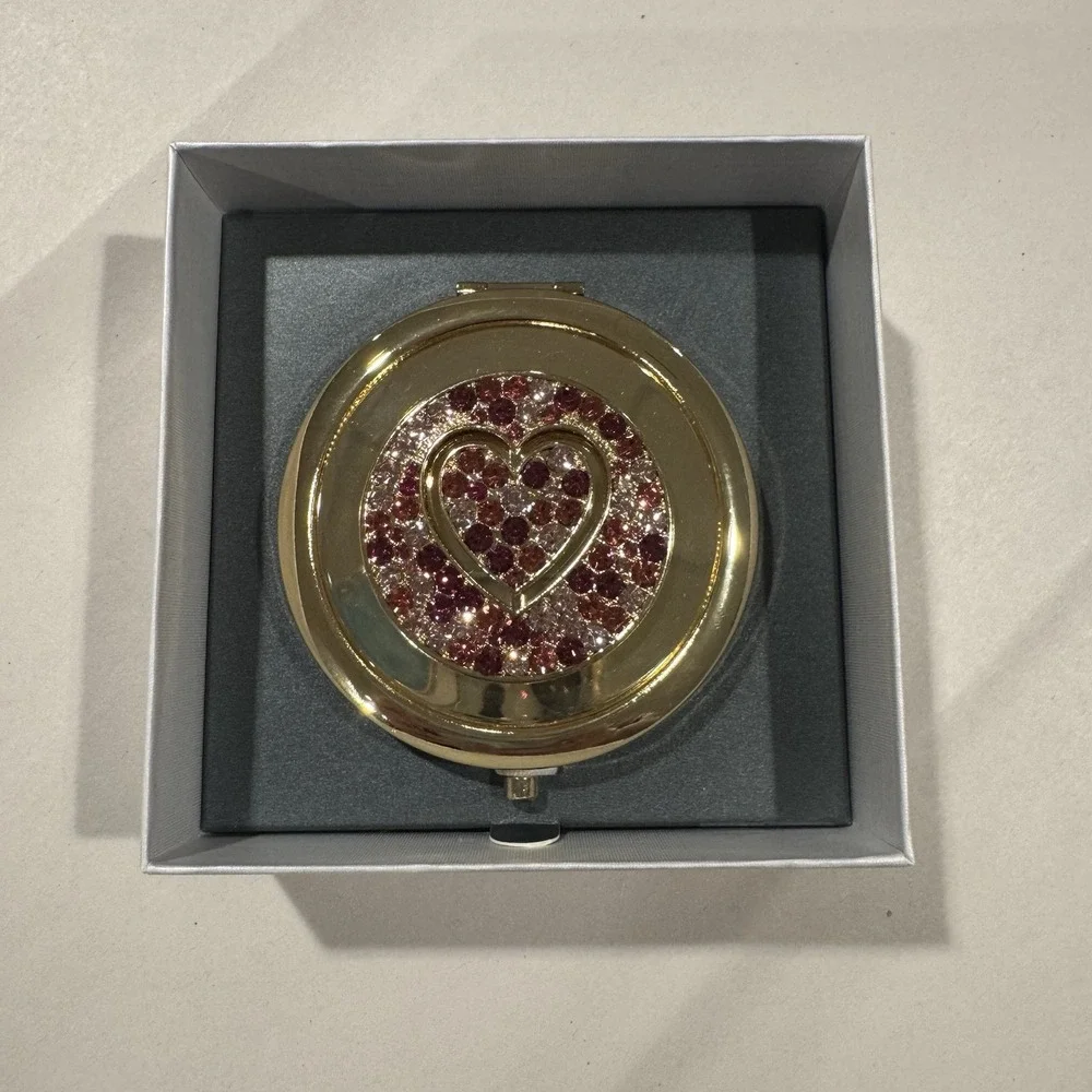 Luxe Gold Compact Mirror Jeweled Pink Heart Makeup Travel ~ In Original Box